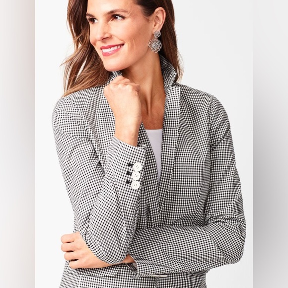Talbots Tailored Gingham Blazer Size 16 Black White One Button Notched Pockets - Picture 6 of 17
